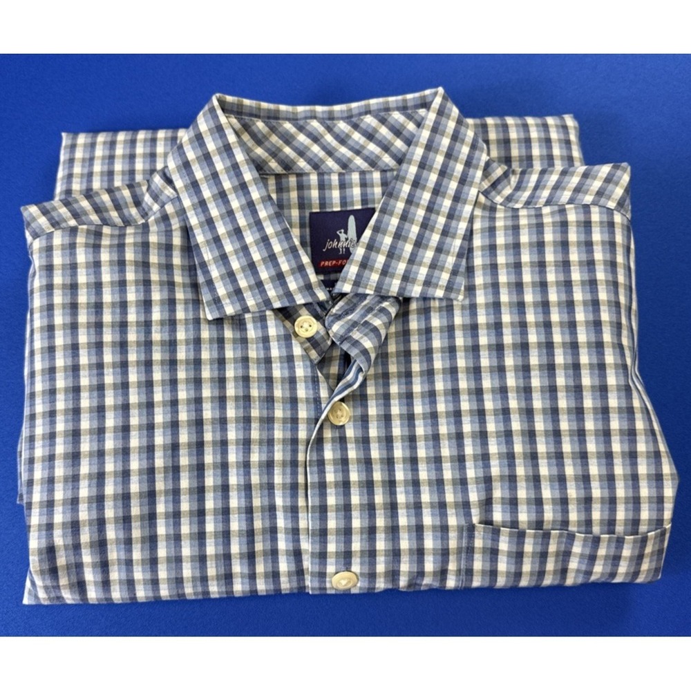 Johnnie-O Prep-Formance Mens M Gingham Plaid Button Down Shirt Blue‎ White